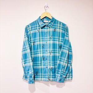 CAROLL REED Vintage green plaid shirt with embroidered leaves